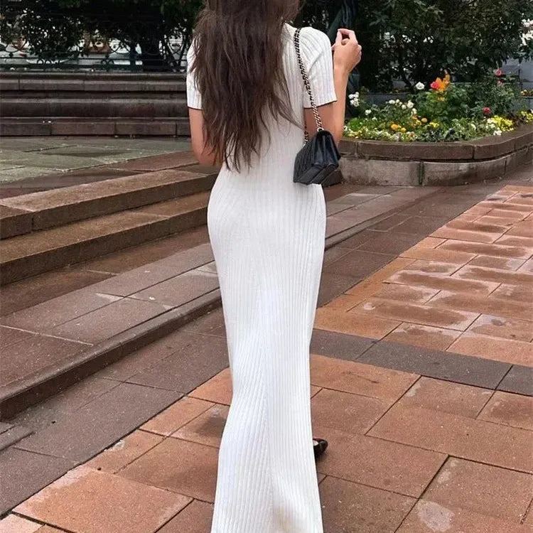 Tossy White Knit Fashion Maxi Dress For Women Short Sleeve Patchwork Elegant Party Dress Lapel High Waist Knitwear Women's Dress
