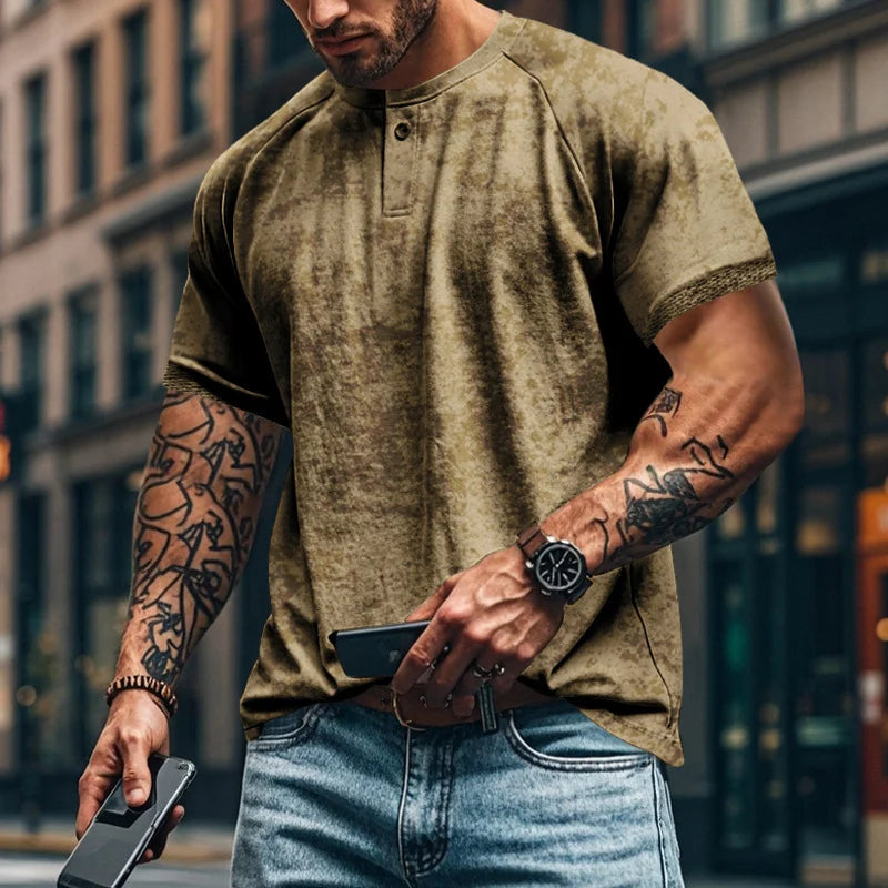 2024 Summer Daily Casual Mens T Shirts Oversize Short Sleeve Solid Color Buttoned Crew Neck Pullover Tees Men Clothes Fashion
