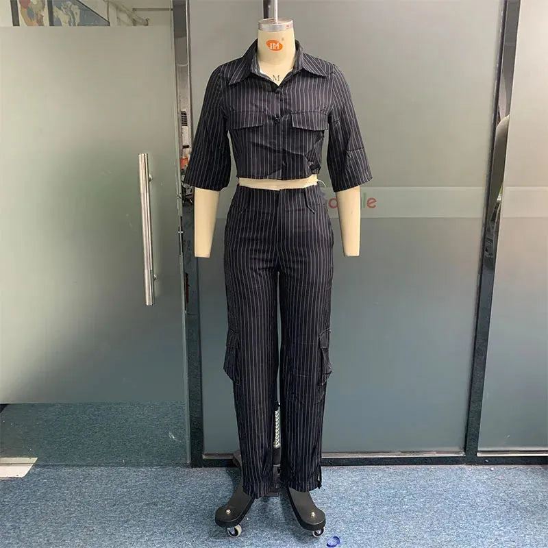 Women Two Piece Set Summer Casual Lapel Single Breasted Hald Sleeve Loose Top Striped Printed With Pockts Pants Sets