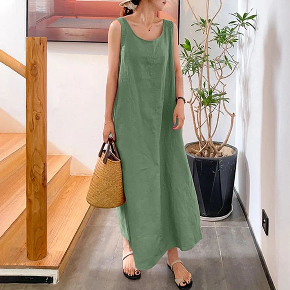 Summer New Cotton Linen Dress Women Solid Color Casual Round Neck Long Sleeveless Dress Holiday Simple Pockets Loose Beach Dress