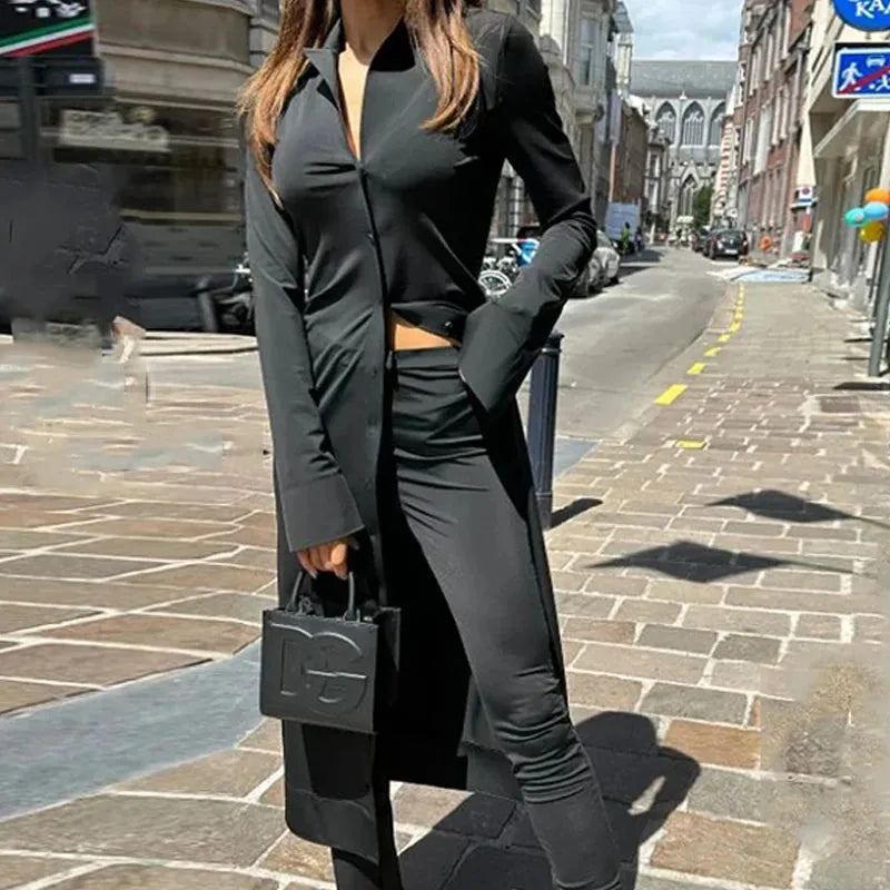 Women Two Piece Set Autumn Casual Simple Solid Lapel Single Breasted Button Long Sleeve Long Shirt Top Slim Pants Sets