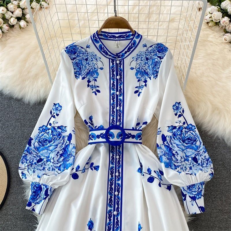 Spring Vintage Flower Print Long Dress With Belt Stand Collar Lantern Sleeve Single-breasted Party Vestido Elegant Women Dresses - Jointcorp