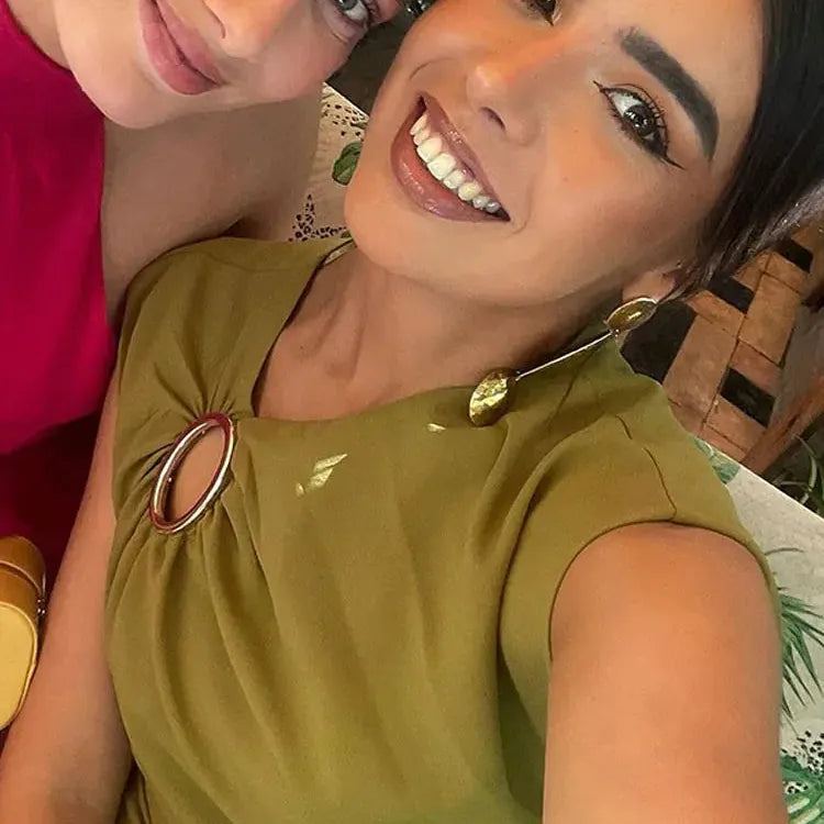 Women Elegant Green Sleeveless Party Long Dress Chic Round Neck With Metal Ring Side Pleated Bodycon Robe 2024 Lady Vestidos