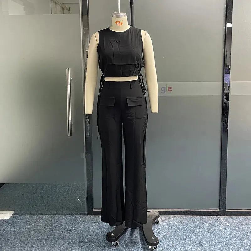 Women Two Piece Set Fashion Round Neck Solid Sleeveless Hollow Out Vest Top Loose With Fake Pockets Pants Sets High Streetwear