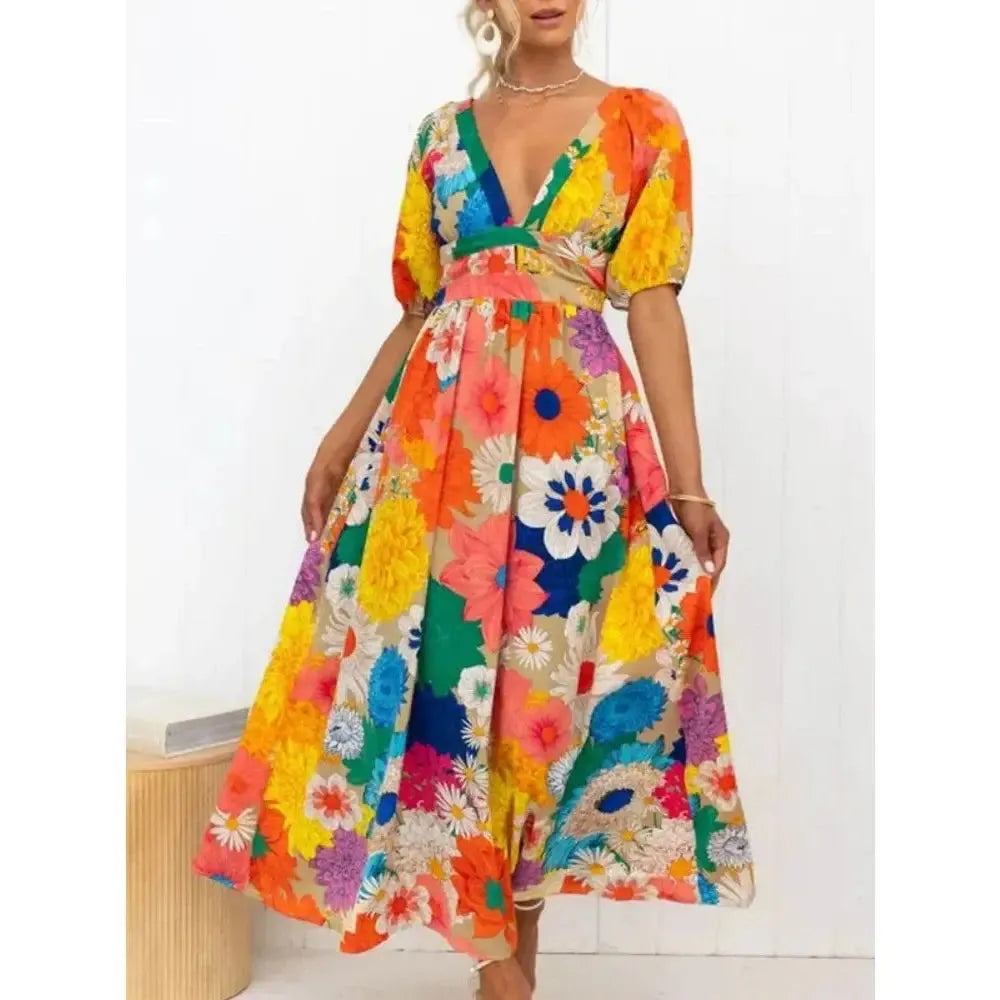 Summer Fashion New Elegant Women's Dress V-neck French Printed Bubble Sleeves Leisure Vacation Wind Flower Petal Long Dress