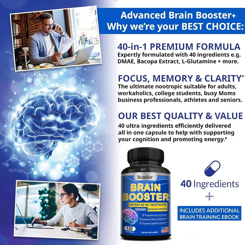 Powerful 14-in-1 Brain Booster - Supports Brain & Nervous System Health, Promotes Focus & Clarity, Boosts Cognitive Antioxidant