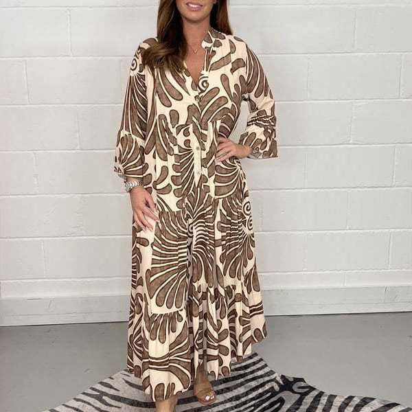 Women Vintage Print Maxi Dress Summer Casual Turn-down Collar Long Sleeve Long Dress Female Boho Beach Shirt Dress - Jointcorp