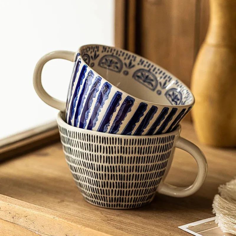 Japanese Style Irregular Hand-Painted Striped Ceramic Coffee Mug Large Capacity 400ml Drinkware Water Cup Oatmeal Cup Tea Cup