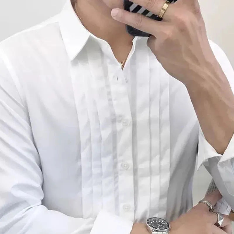 Spring Autumn New Solid Color Fashion Long Sleeve Shirt Man High Street Casual Button England Pleated Office All-match Cardigan