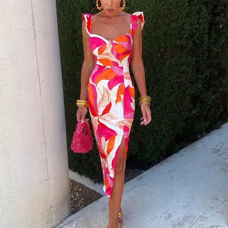 2024 New Contrast Print Split Dress For Women Fashion Slim Sleeveless Chest Wrapping Robes Chic Lady Party Vacation Vestidos