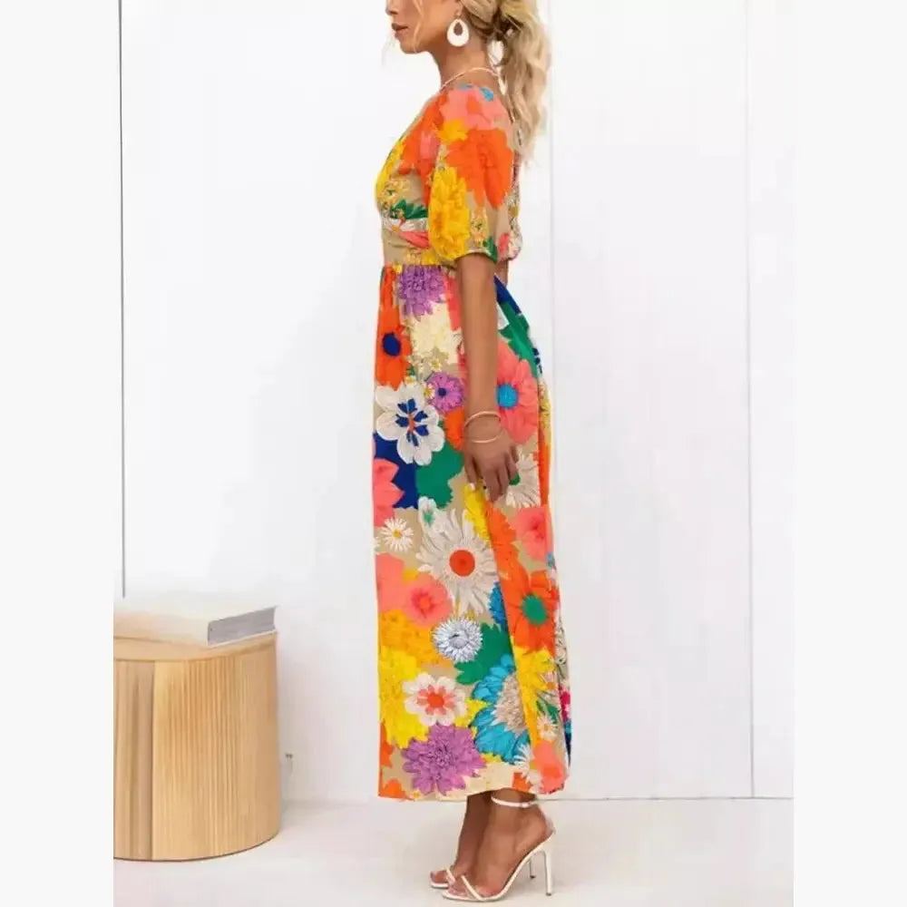 Summer Fashion New Elegant Women's Dress V-neck French Printed Bubble Sleeves Leisure Vacation Wind Flower Petal Long Dress
