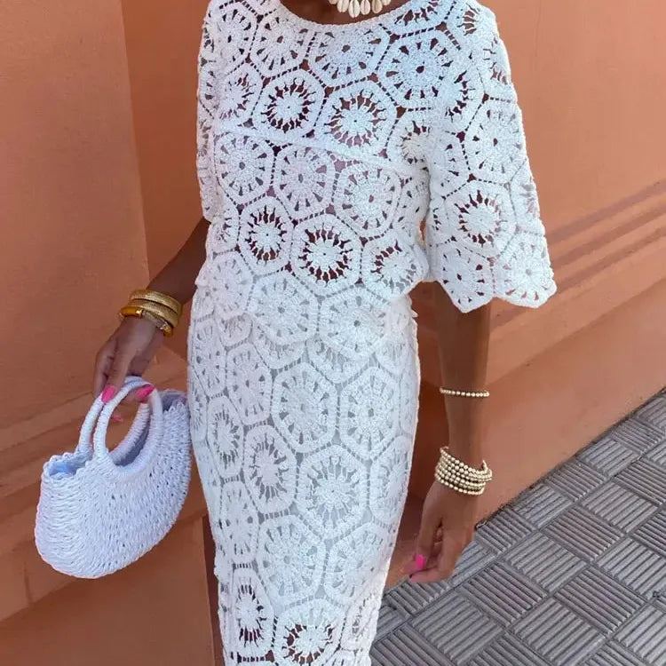 Women Elegant White Crochet Hollow Out Skirt Two Pieces Sets Chic Half Sleeve Top Set 2024 Lady Summer Holiday Party Outfit