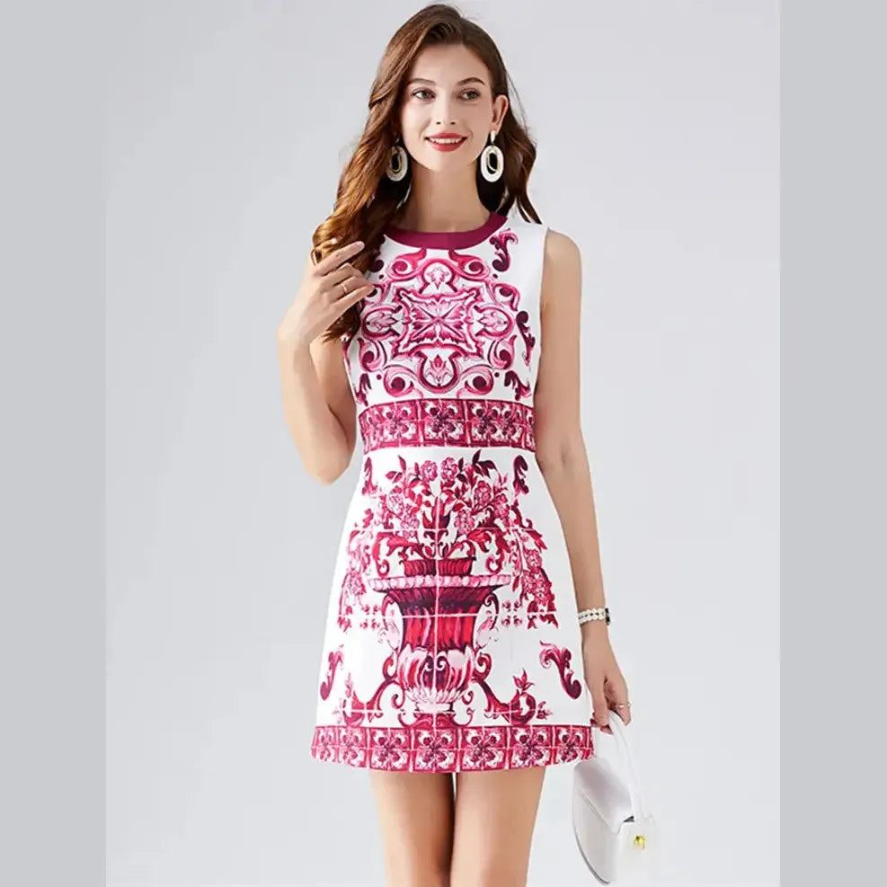 Fashion Runway Summer Short Dress Women's Sleeveless Elegant Blue And White Porcelain Flower Print Holiday Tank Mini Vestidos