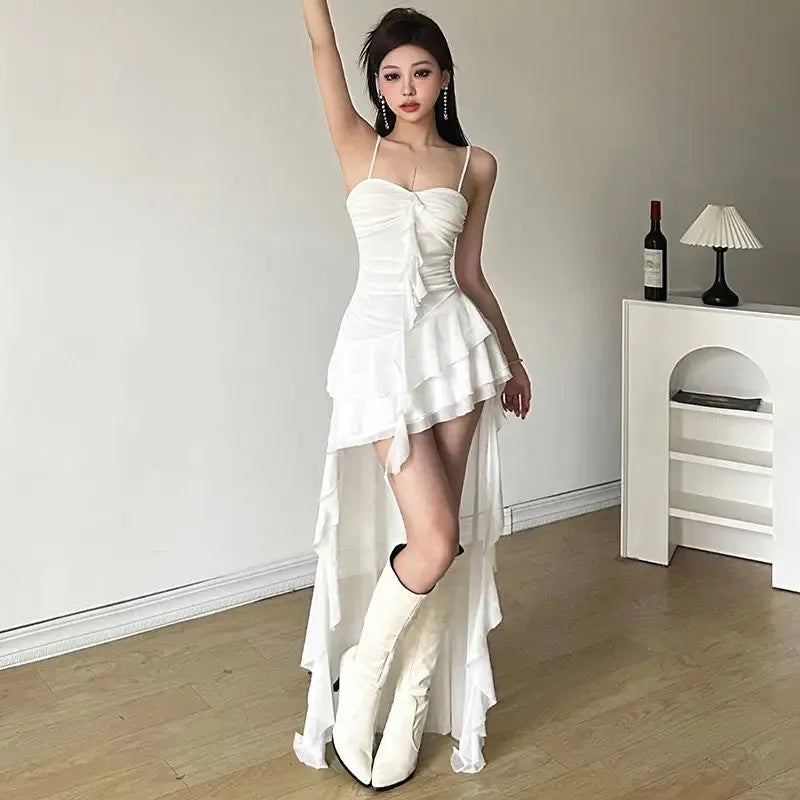Pure Lust Hottie Sexy Suspender White Dress for Women 2024 Summer Vacation Style Design Ruffled Pleated Slim Waist Long Skirt