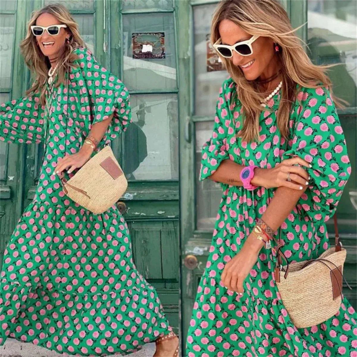 Women Summer 2024 Casual Floral Drawstring V-Neck Puff Sleeve Boho Maxi Dress Elegant Loose Holiday Beach Dresses Party Vestidos