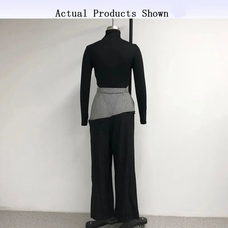 Women Two Piece Set Autumn Fashion Solid Turtleneck Long Sleeve Slim Top Loose Splicing Loose Pants Sets Streetwear