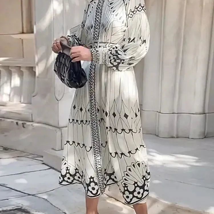 Women Vintage Patchwork Print Dress Lady Fashion Stand Collar Long Sleeve High Waist Midi Dresses Female Elegant Party Vestidos