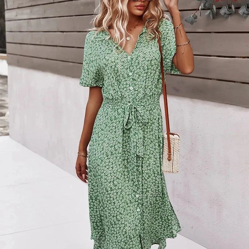 Summer Women Floral Print Dress Casual Short Sleeve Button Holiday Midi Dresses Female V-Neck Beach Boho Chic Dress Elegant Robe