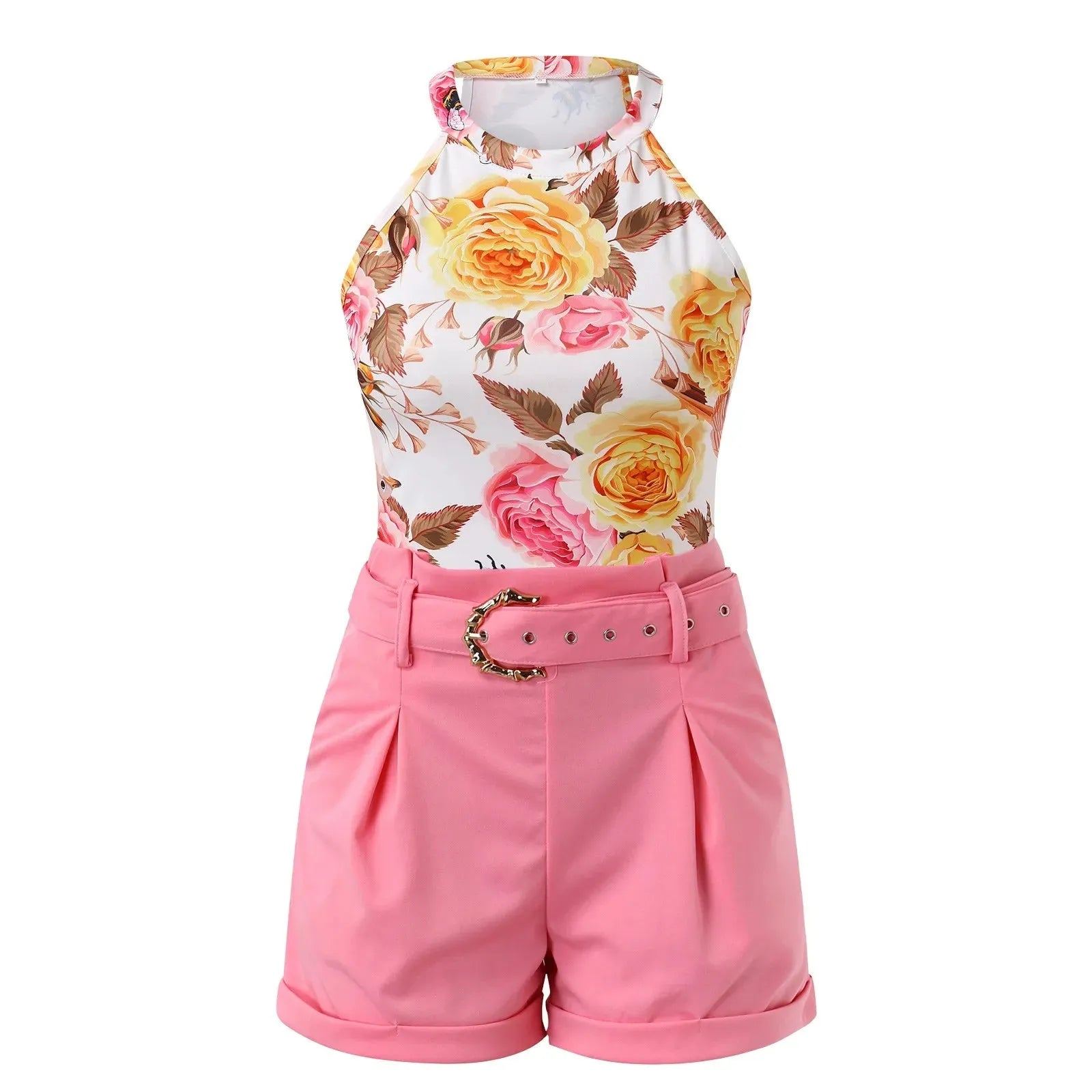 2024 Women Summer Vest and Shorts Sets Casual Sleeveless Halter Vest Tank Tops High Waist Shorts with Waist Belt 2 Pieces Suits
