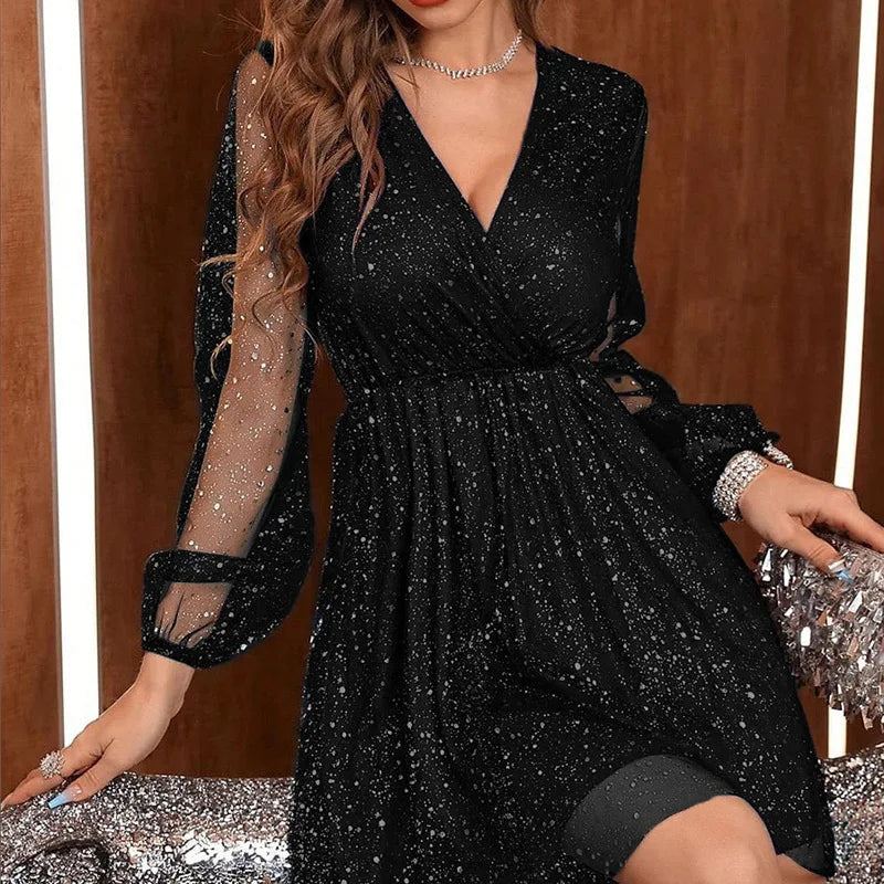 Sexy Mesh Patchwork Party Mini Dress Women Fashion Deep V-neck Long Sleeve Dresses Spring Autumn Solid A-line Vestidos Black