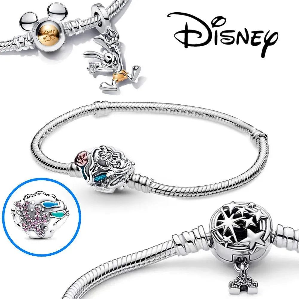 Disney 925 Sterling Silver Bracelet Moments Sparkling Mickey Mouse Heart Clasp Snake Chain Bracelet for Women DIY Charms Beads