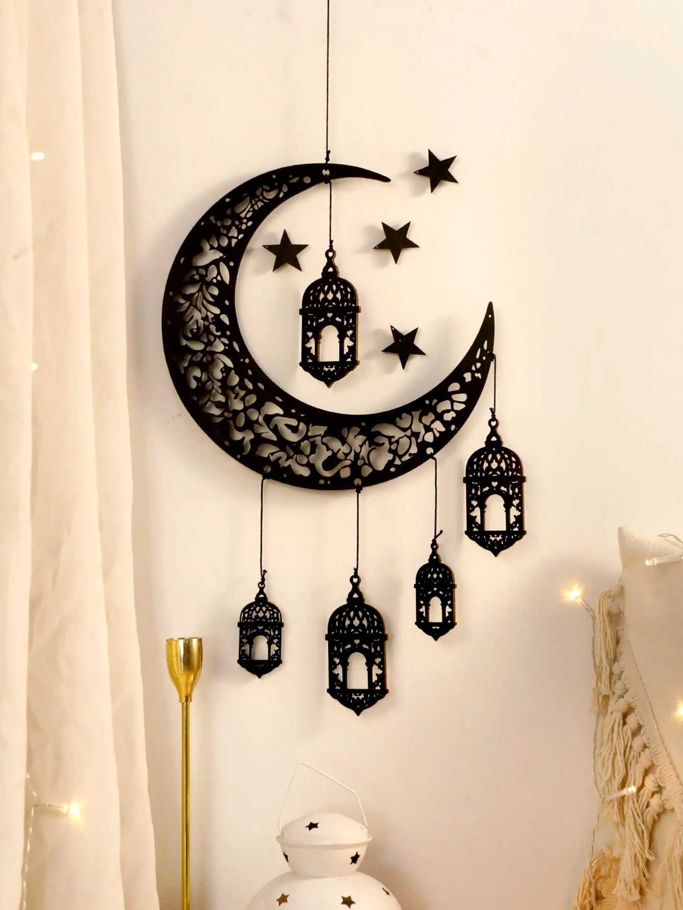 Wooden Hollow Moon and Star Lantern – DIY Ramadan Hanging Decor, Islamic Eid Mubarak Festival Decorations,Ornament Islamic Gifts