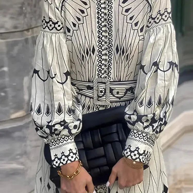 Women Vintage Patchwork Print Dress Lady Fashion Stand Collar Long Sleeve High Waist Midi Dresses Female Elegant Party Vestidos