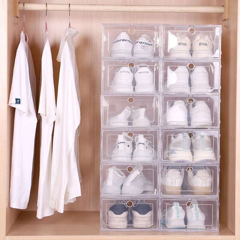 6pcs Set Fold Plastic Shoes Case Thickened Transparent Drawer Case Plastic Shoe Boxes Stackable Box Shoe OrganizerShoebox