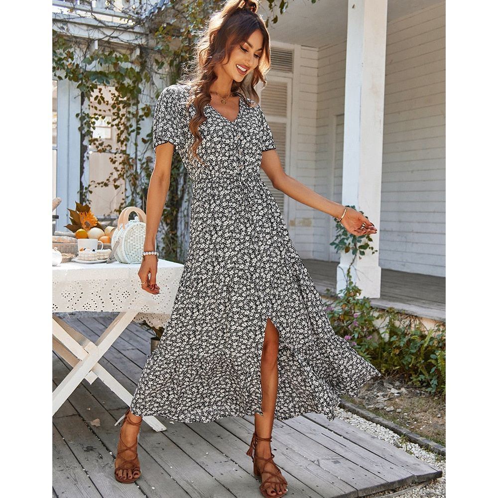 Vintage Floral Dresses for Women Elegant Loose New Slit Dress Summer Beach Holiday Leisure Long Dresses - Jointcorp
