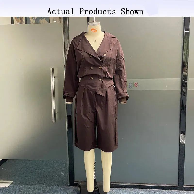 Women Blazer 2 Piece Suit Autumn Fashion Solid Long Sleeve Laple Double Breasted Button Top Loose Midi Pants Sets