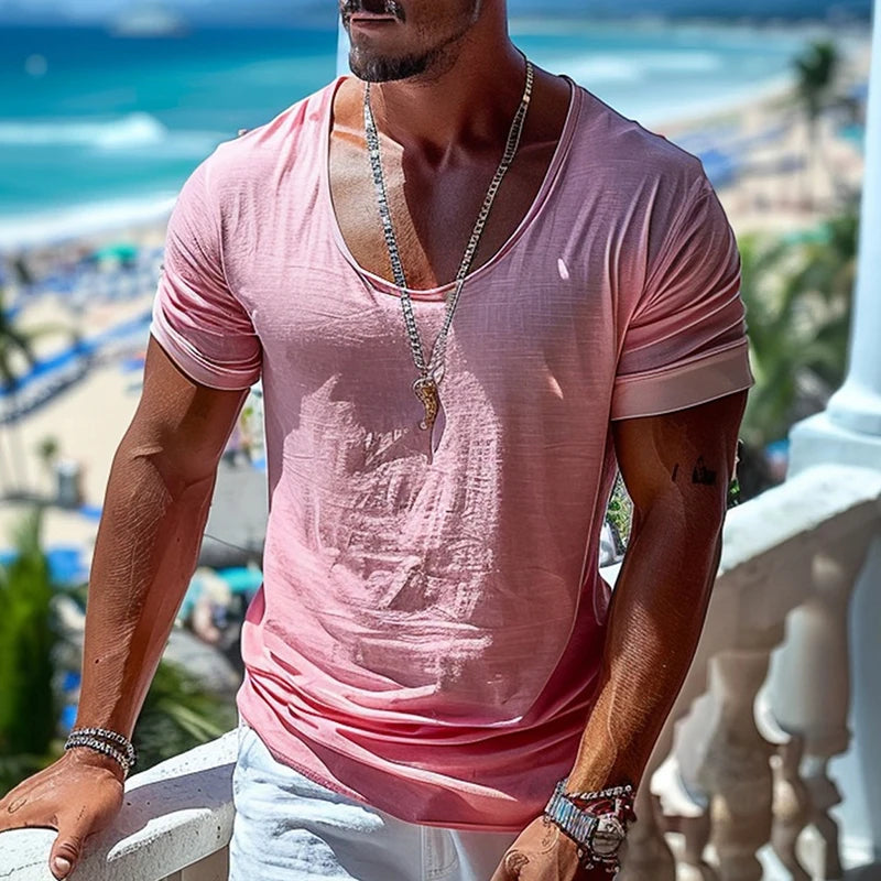 Leisure O Neck Short Sleeve Loose T-shirt Men Casual Solid Color Pink T Shirts For Mens 2025 Spring Summer Fashion Simple Tees