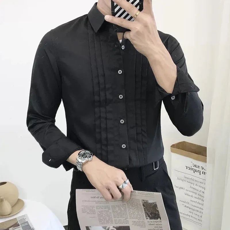 Spring Autumn New Solid Color Fashion Long Sleeve Shirt Man High Street Casual Button England Pleated Office All-match Cardigan