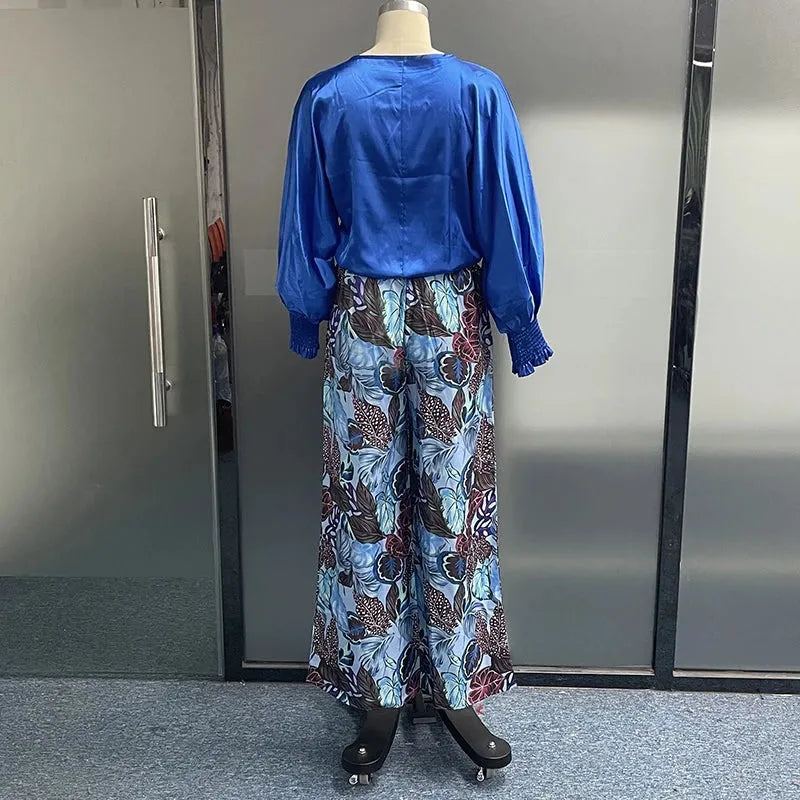 Women Two Piece Set Fashion Long Lantern Sleeve Solid Round Neck Top Loose Wide Legs Print Pants Sets Streetwear