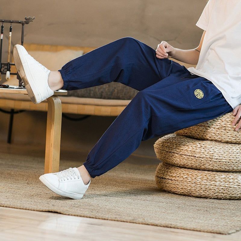 Cotton Linen Pants Men Fashion Embroidery Loose Pants Men's Street Jogging Pants - Jointcorp
