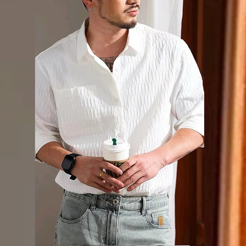 2024 Spring Fall Streetwear Casual Shirts Men Trendy Textured Long Sleeve Shirt For Mens Fashion Turn-down Collar Buttoned Shirt