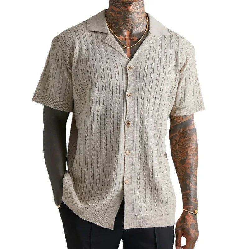 2024 Summer Casual Shirts Men Knitwear Short Sleeve Buttoned Lapel Cardigan Tops Mens Fashion Twist Jacquard Knitted Shirt Male