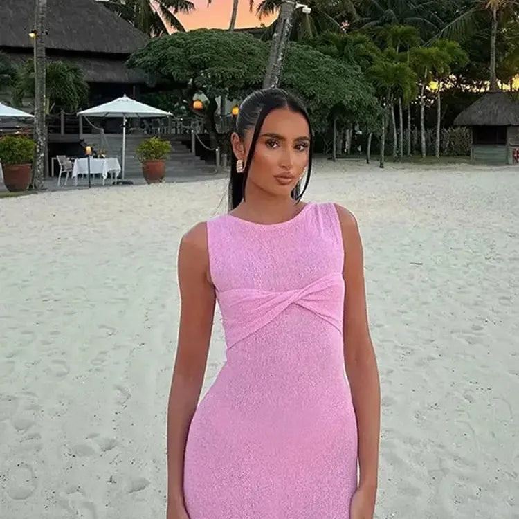 Elegant Pinck Knotted O Neck Knitted Long Dresses For Women Sexy Sleeveless Bodycon Robe 2024 Female Party Beach Party Vestidos