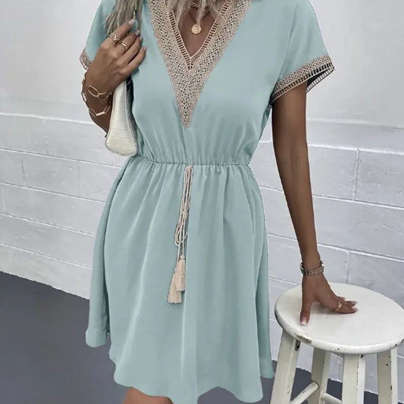 Elegant Women's White Dresses 2023 Summer Solid Short Sleeve Lace V-Neck Waistband Female Beach Midi Dress S-XXXL