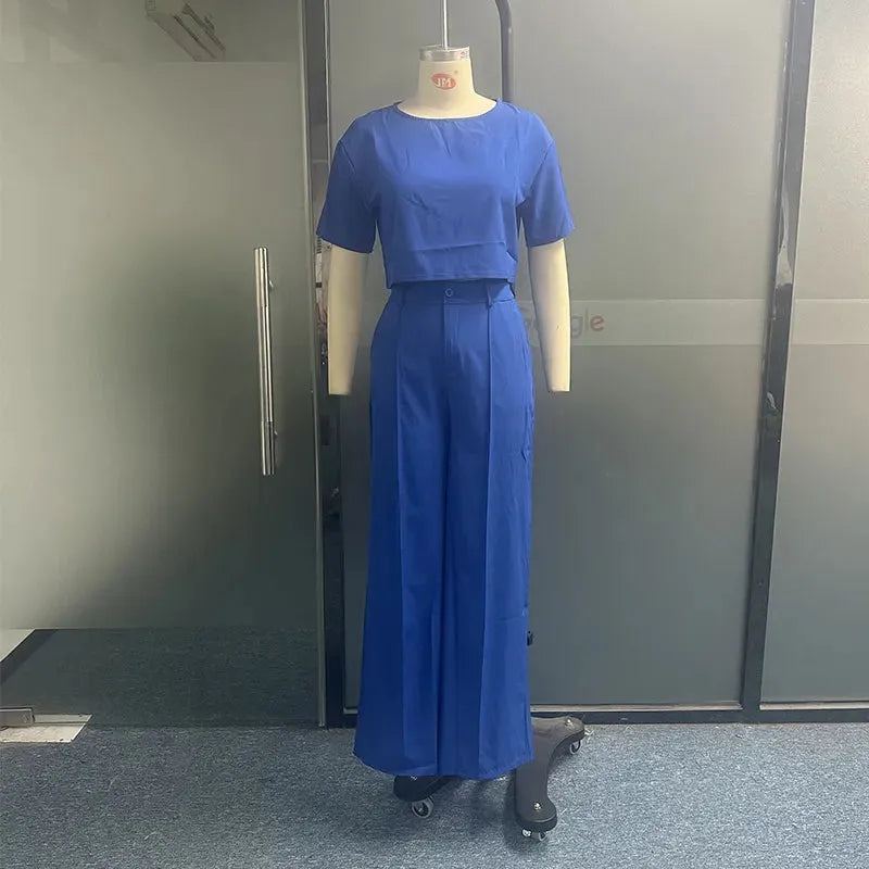 Women Two Piece Set Summer Casual Solid Short Sleeve Round Neck Top Loose With Pockets Pants Sets High Streetwear