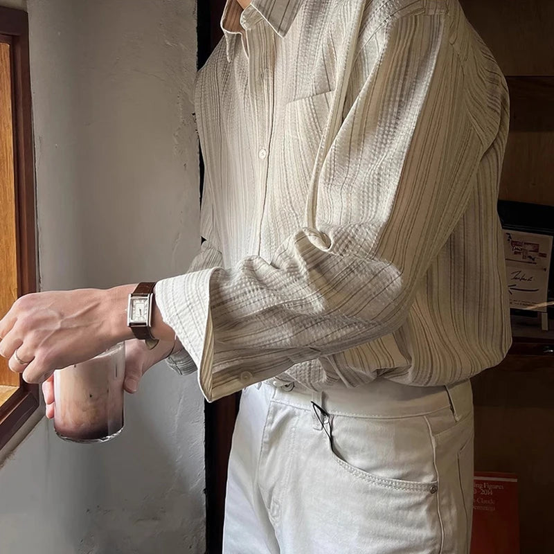 Vintage Striped Textured Mens Shirts Long Sleeve Button-up Turn-down Collar Casual Shirt 2025 Spring Autumn Trendy Slim Cardigan