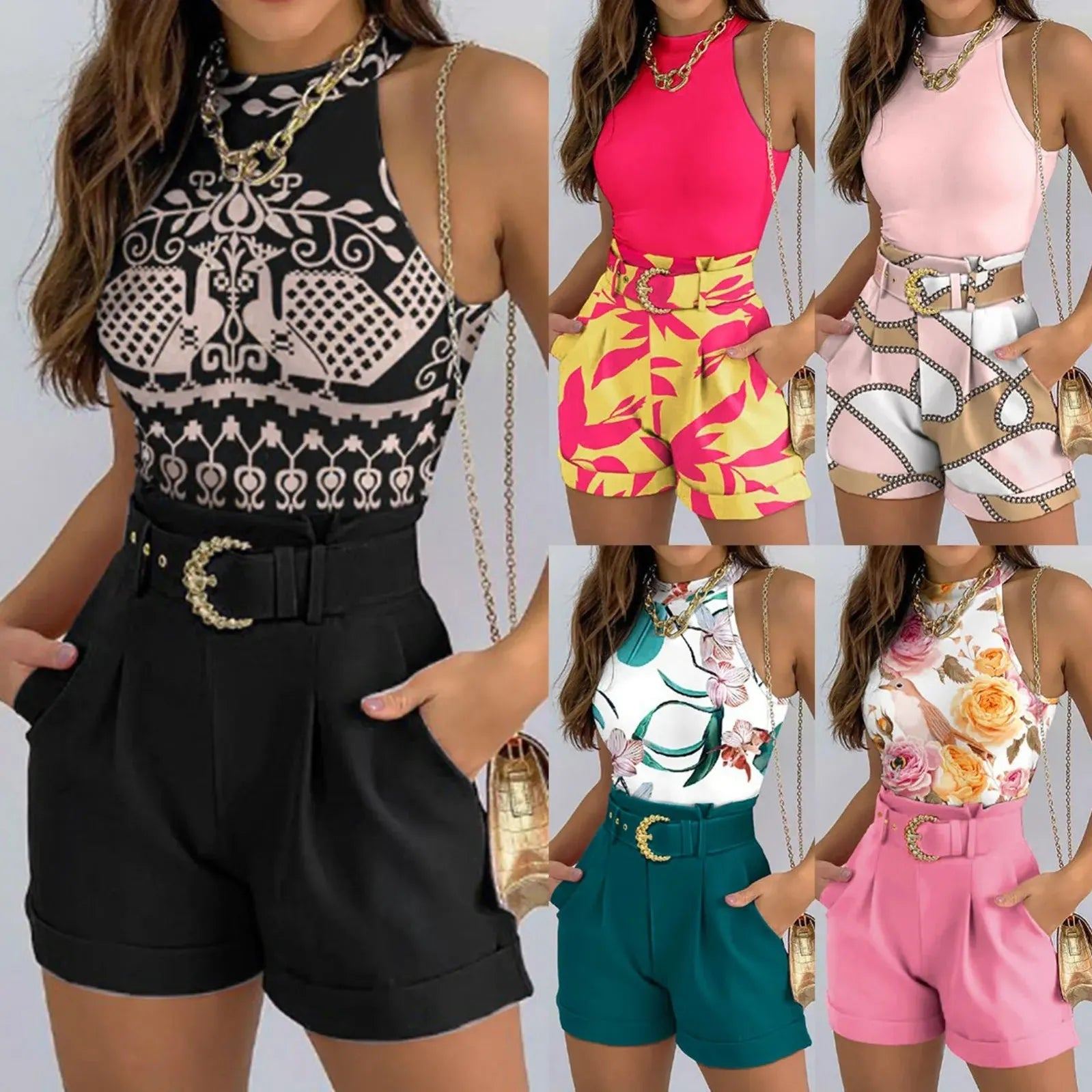 2024 Women Summer Vest and Shorts Sets Casual Sleeveless Halter Vest Tank Tops High Waist Shorts with Waist Belt 2 Pieces Suits