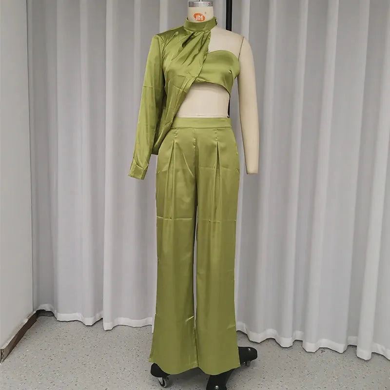 Women Two Piece Stylish Trend Solid One Shoulder Round Neck Irregular Pleated Top Loose Wide Legs Pants Set Streetwear