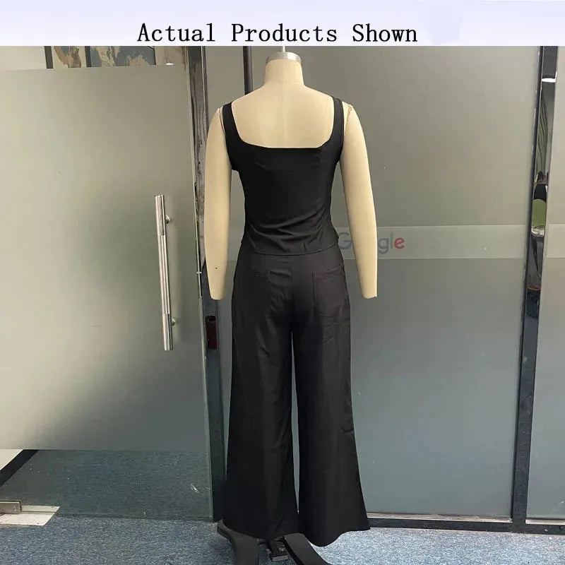 Women Two Piece Set Summer Fashion Sleeveless Square Neck Suspender Slim Top Loose Wide Legs Pants Sets Streetwear