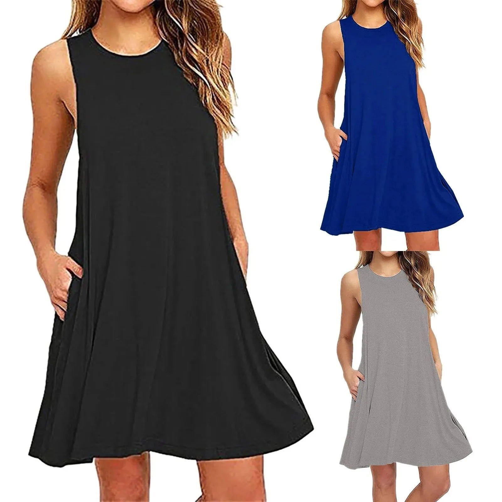 Fashion Women Casual Solid Pockets Sleeveless Above Knee Dress