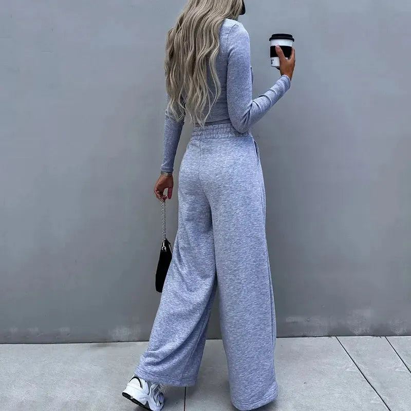 Women Two Piece Set Autumn Casual Sport Solid Round Neck Long Sleeve High Waist Slim Top Loose Wide Legs Pants Sets