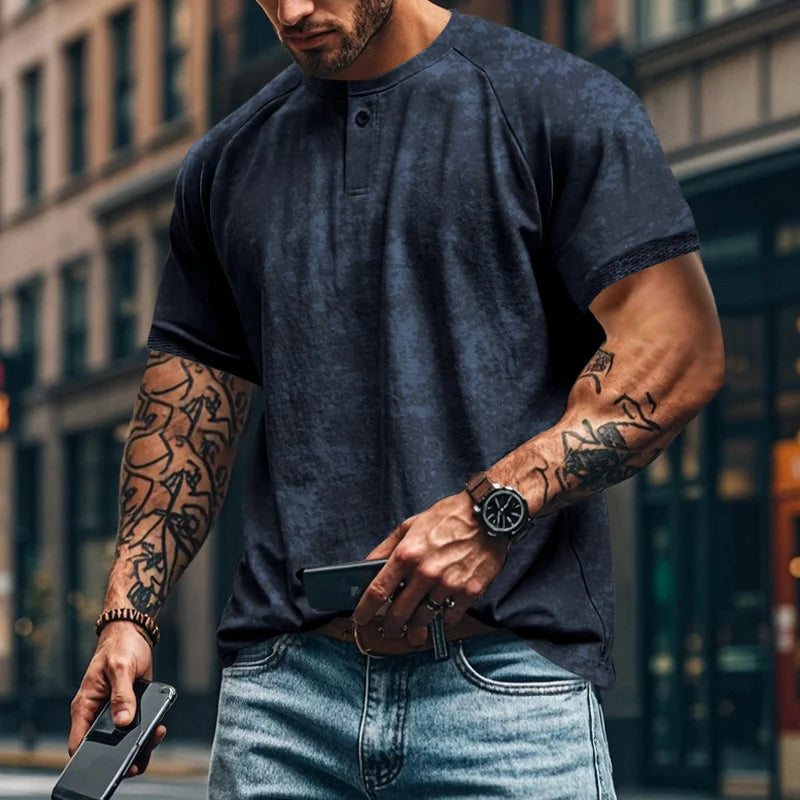 2024 Summer Daily Casual Mens T Shirts Oversize Short Sleeve Solid Color Buttoned Crew Neck Pullover Tees Men Clothes Fashion