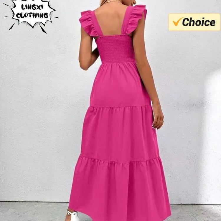 2024 Summer New Solid Color Long Dress with Hanging Straps Elegant and Pleated Dress Commuter Style Fashion Women's Puff Skirt
