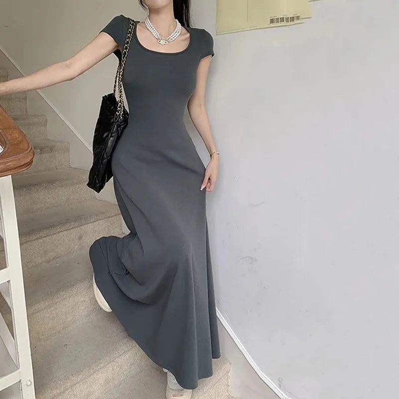 Rimocy Slim Fit Sexy Maxi Dresses for Women 2024 Summer Short Sleeve Bodycon Dress Woman Round Neck Party Club Sundress Ladies