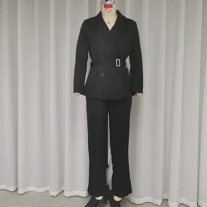 Women Blazer Suit Autumn Women Office Simple Lapel Long Sleeve Double Breasted Button Top Straight Pants Sets Streetwear