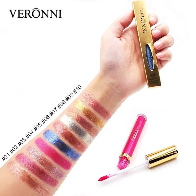 10Colors VERONNI Sexy Glitter Diamond Lip Gloss Shimmer Long Lasting Lip Makeup Waterproof Metallic Pearl Color Velvet Lip Gloss